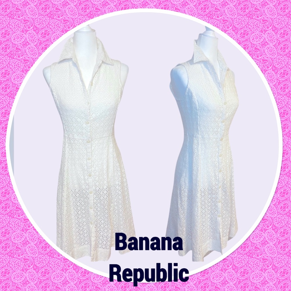 BANANA REPUBLIC - Sleeveless White Eyelet Button down A-Line Dress. Size 6 - Picture 2 of 12